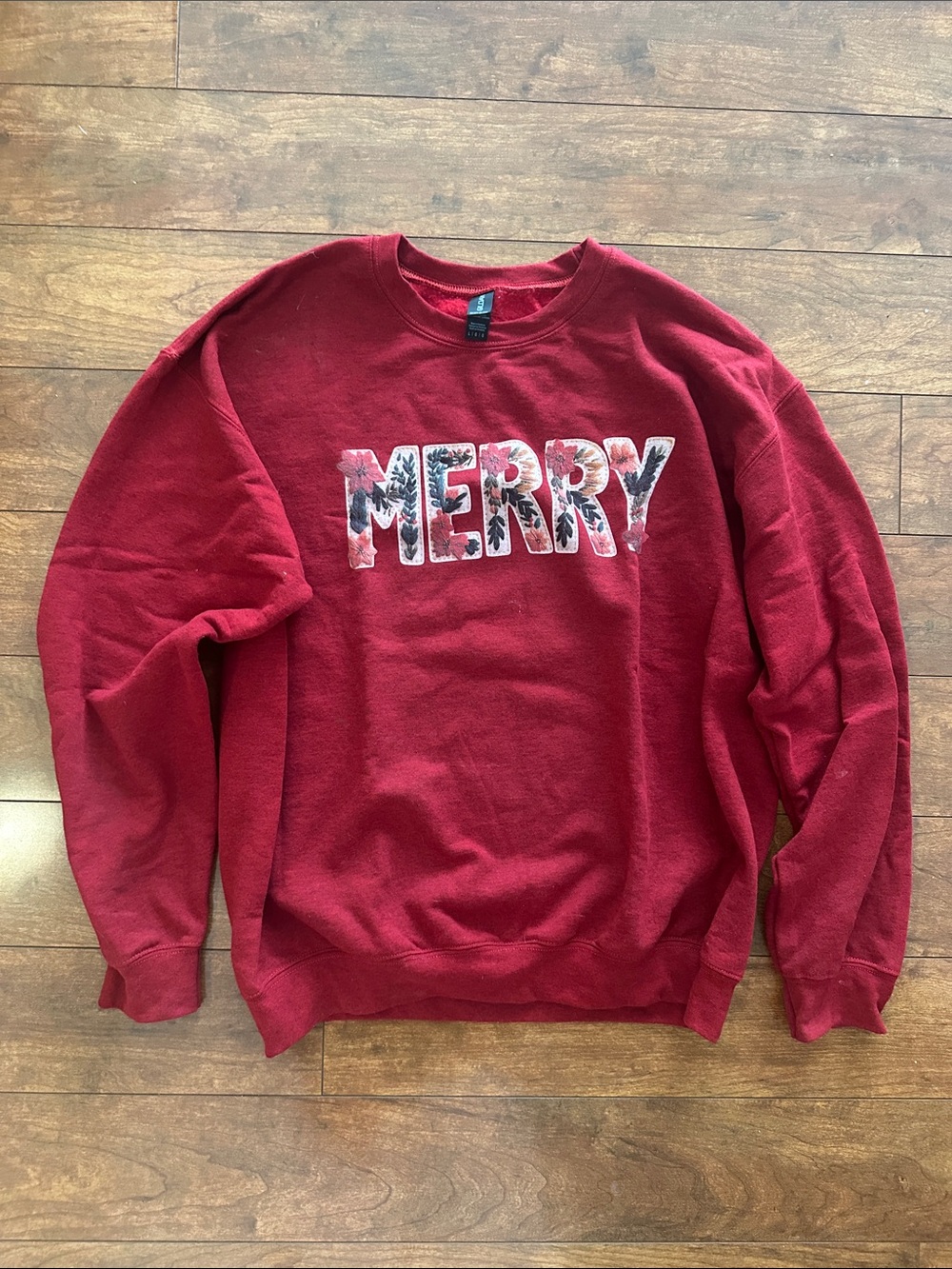 MERRY cozy red folkart faux embroidered sweatshirt